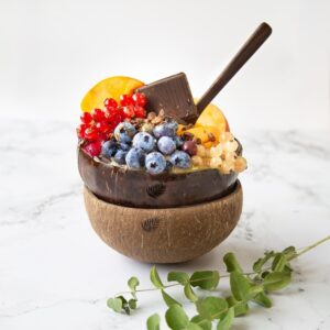 Μπολ Καρύδας Λευκό Μωσαϊκό και Ψηφιδωτό Με Βούλες - Μπολ Καρύδας Ανάγλυφο 'Eat Healthy Eat Happy' - Κουτάλι Ξύλινο Από Φυσικό Ξύλο Εβένου - Zero Waste προϊόντα