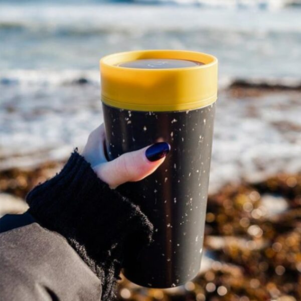 Reusable Coffee Cup Made From Single-Use Paper Cups Black & Electrical Mustard 355ml
