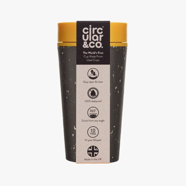 Reusable Coffee Cup Made From Single-Use Paper Cups Black & Electrical Mustard 355ml