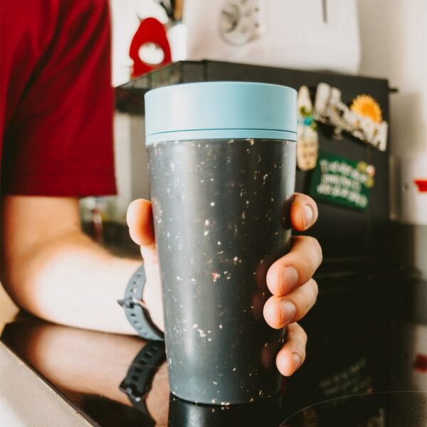 Reusable Coffee Cup Made From Single-Use Paper Cups Black and Faraway Blue 355ml