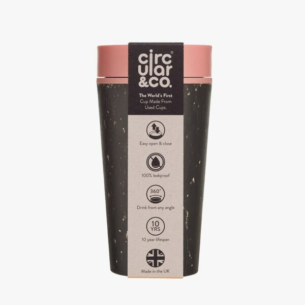 Reusable Coffee Cup Made From Single-Use Paper Cups Black and Giggle pink 355ml